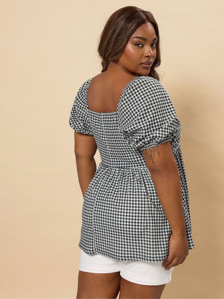 Yours Curve Black Textured Peplum Gingham Pico Top - Image 2 of 5 Yours Curve Black Textured Peplum Gingham Pico Top - Image 2 of 5