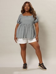 Yours Curve Black Textured Peplum Gingham Pico Top - Image 3 of 5
