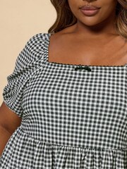 Yours Curve Black Textured Peplum Gingham Pico Top - Image 4 of 5