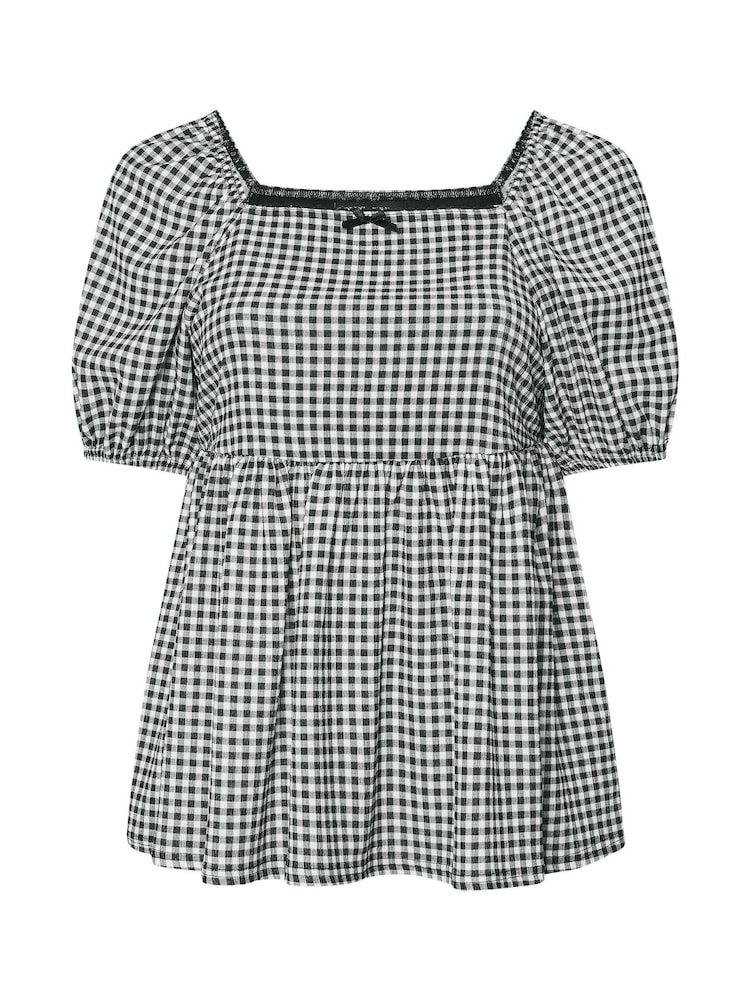 Yours Curve Black Textured Peplum Gingham Pico Top - Image 5 of 5
