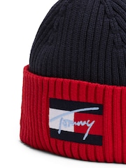 Tommy Hilfiger Blue Kids Signature Logo 100% Organic Cotton Beanie - Image 4 of 4