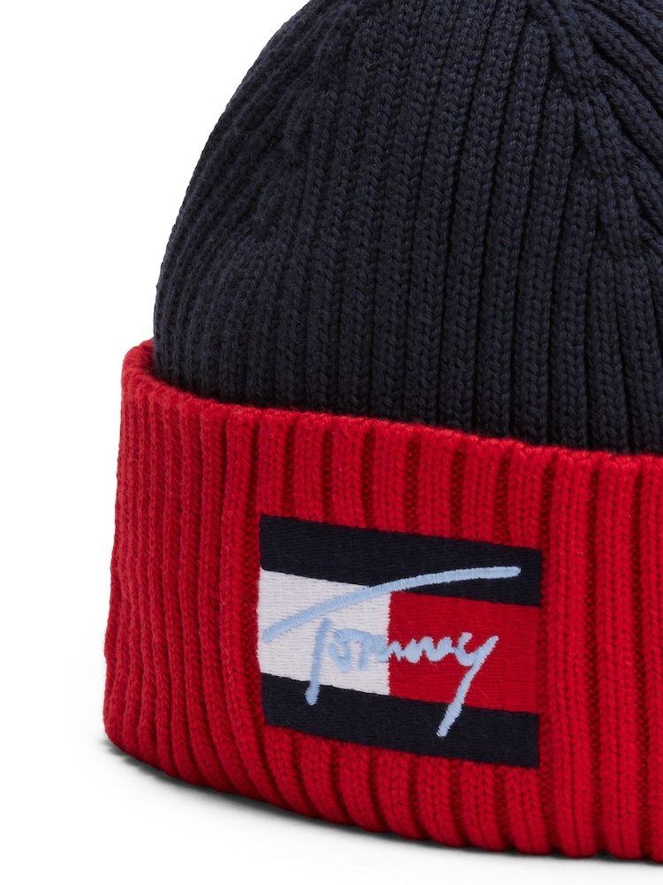 Tommy Hilfiger Blue Kids Signature Logo 100% Organic Cotton Beanie - Image 4 of 4
