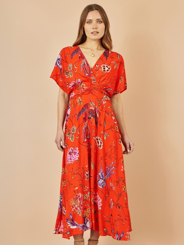 Yumi Orange Viscose Bird and Floral Print Kimono Midi Dress - Image 1 of 4