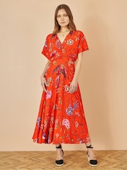 Yumi Orange Viscose Bird and Floral Print Kimono Midi Dress - Image 2 of 4