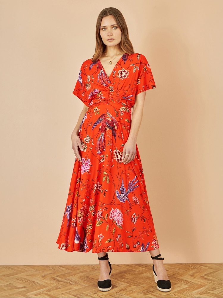 Yumi Orange Viscose Bird and Floral Print Kimono Midi Dress - Image 2 of 4