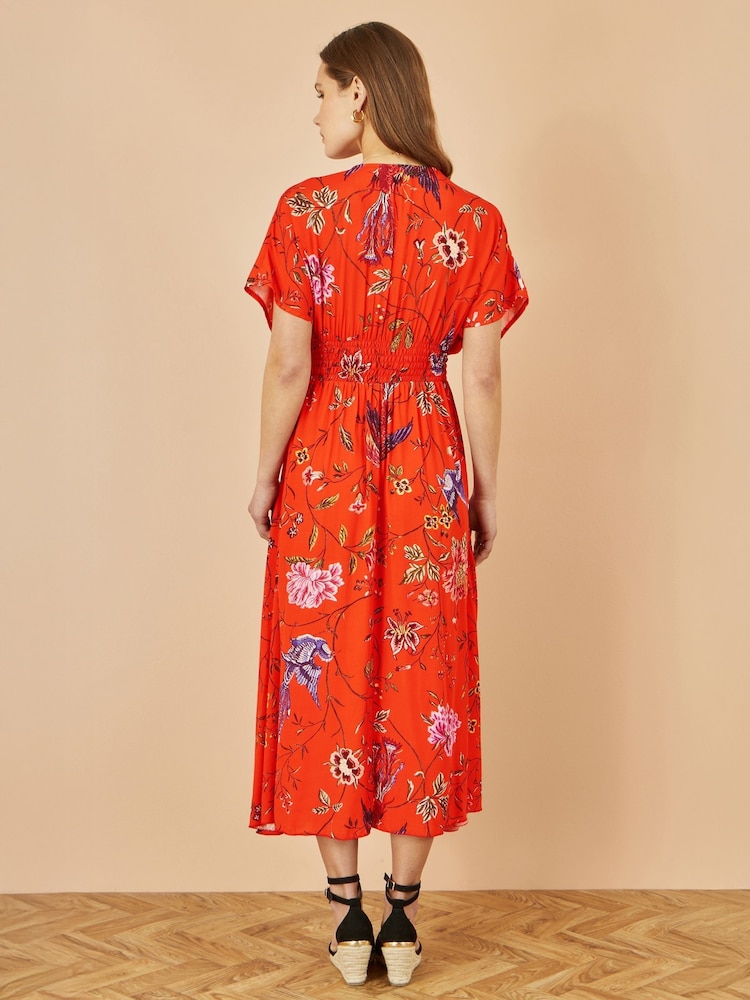 Yumi Orange Viscose Bird and Floral Print Kimono Midi Dress - Image 3 of 4