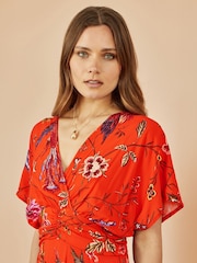Yumi Orange Viscose Bird and Floral Print Kimono Midi Dress - Image 4 of 4