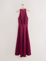 Burgundy Red Textured Satin Halter Sleeveless Midi Dress - Image 1 of 3