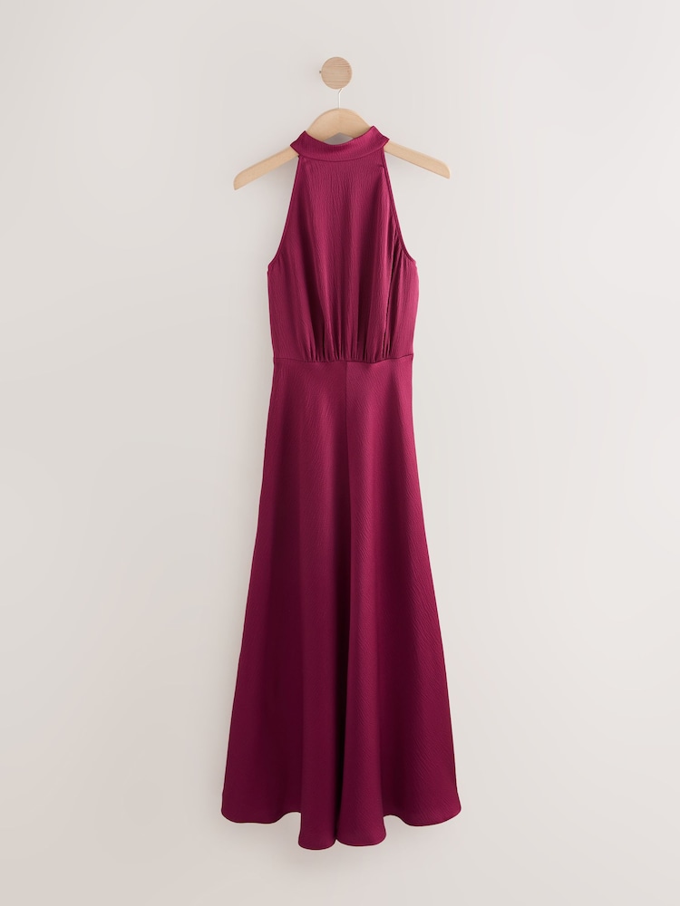 Burgundy Red Textured Satin Halter Sleeveless Midi Dress - Image 1 of 3 Burgundy Red Textured Satin Halter Sleeveless Midi Dress - Image 1 of 3