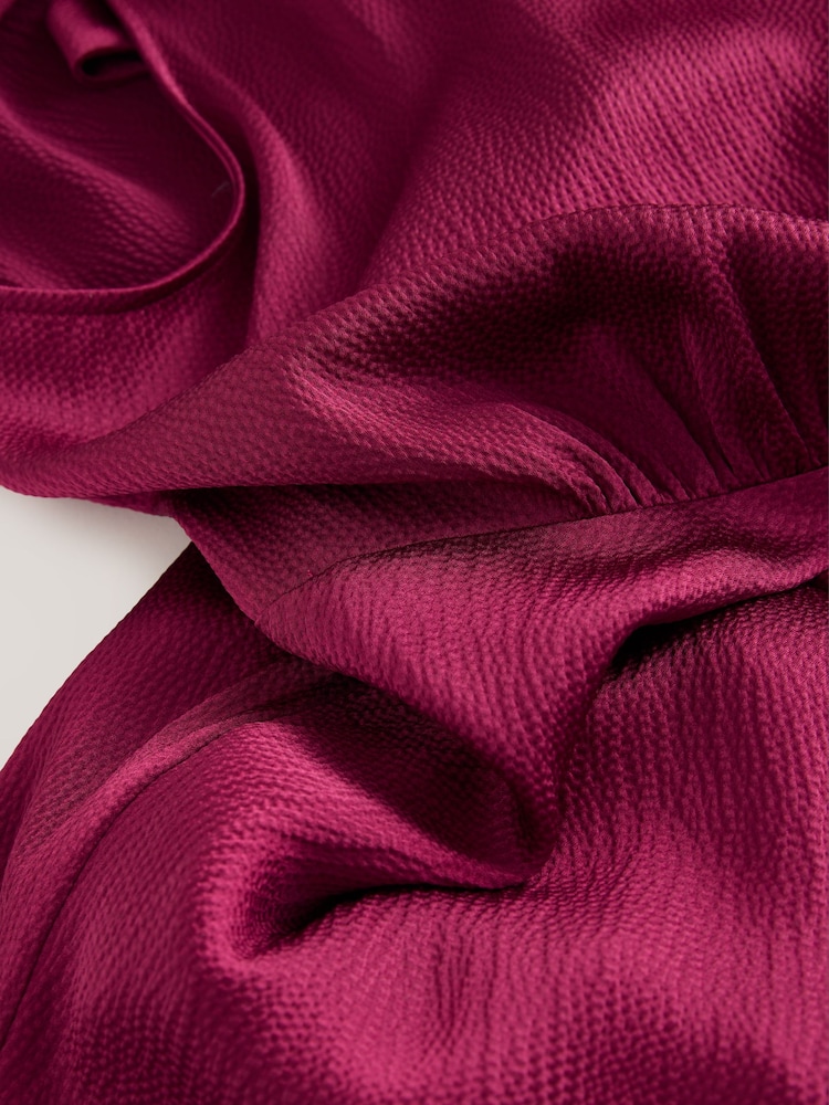 Burgundy Red Textured Satin Halter Sleeveless Midi Dress - Image 2 of 3