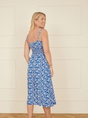 Yumi Blue Block Print Midi Sun Dress With Button Details - Image 3 of 4