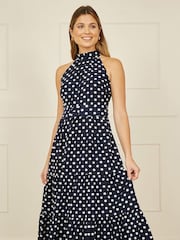 Yumi Blue Spot Print Halter Midi Dress With Matching Belt - Image 1 of 5