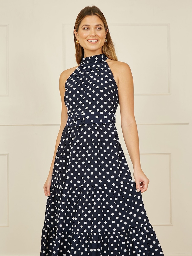 Yumi Blue Spot Print Halter Midi Dress With Matching Belt - Image 1 of 5