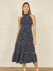 Yumi Blue Spot Print Halter Midi Dress With Matching Belt - Image 2 of 5