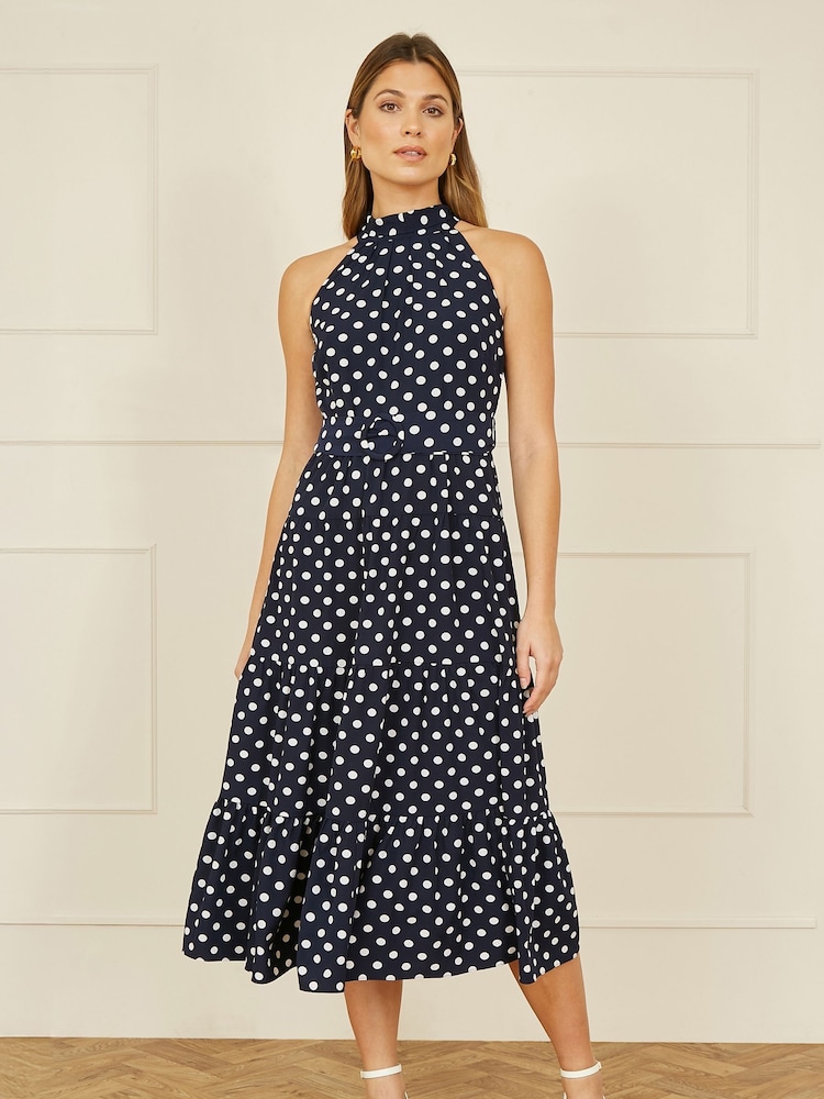 Yumi Blue Spot Print Halter Midi Dress With Matching Belt - Image 2 of 5