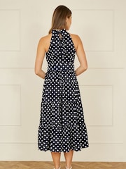 Yumi Blue Spot Print Halter Midi Dress With Matching Belt - Image 4 of 5