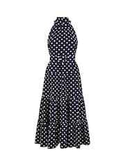 Yumi Blue Spot Print Halter Midi Dress With Matching Belt - Image 5 of 5