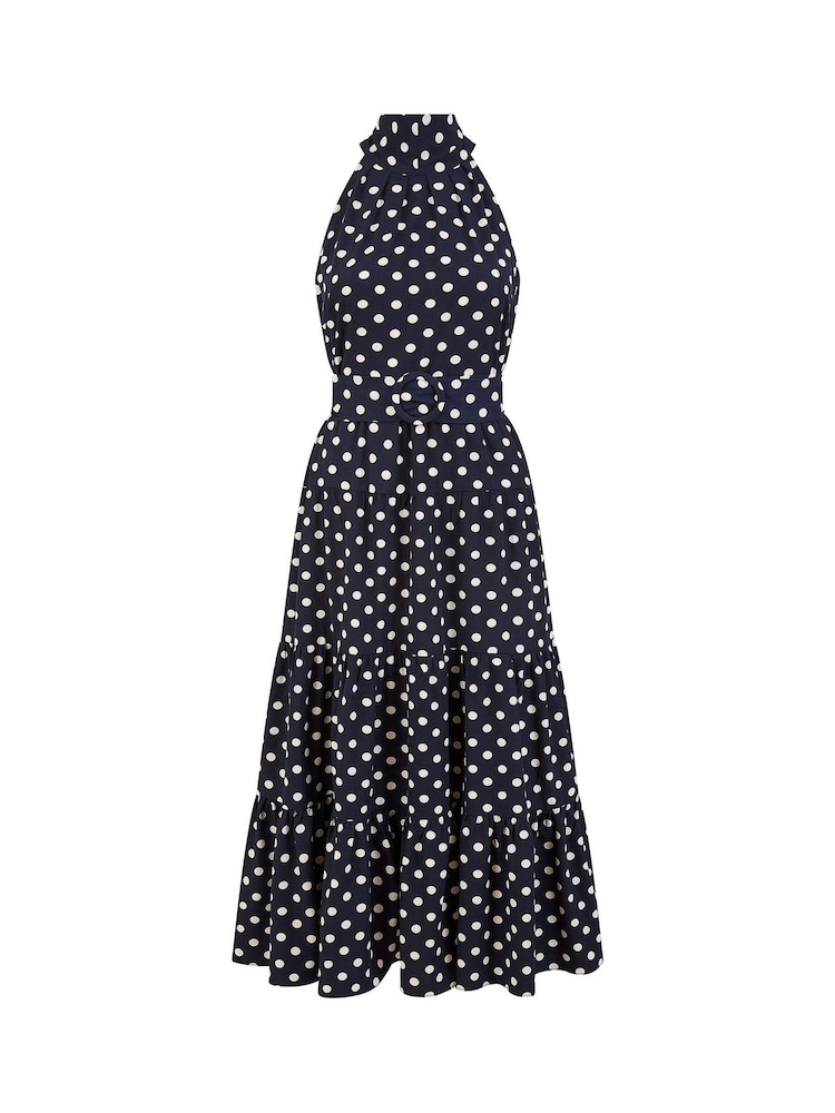 Yumi Blue Spot Print Halter Midi Dress With Matching Belt - Image 5 of 5