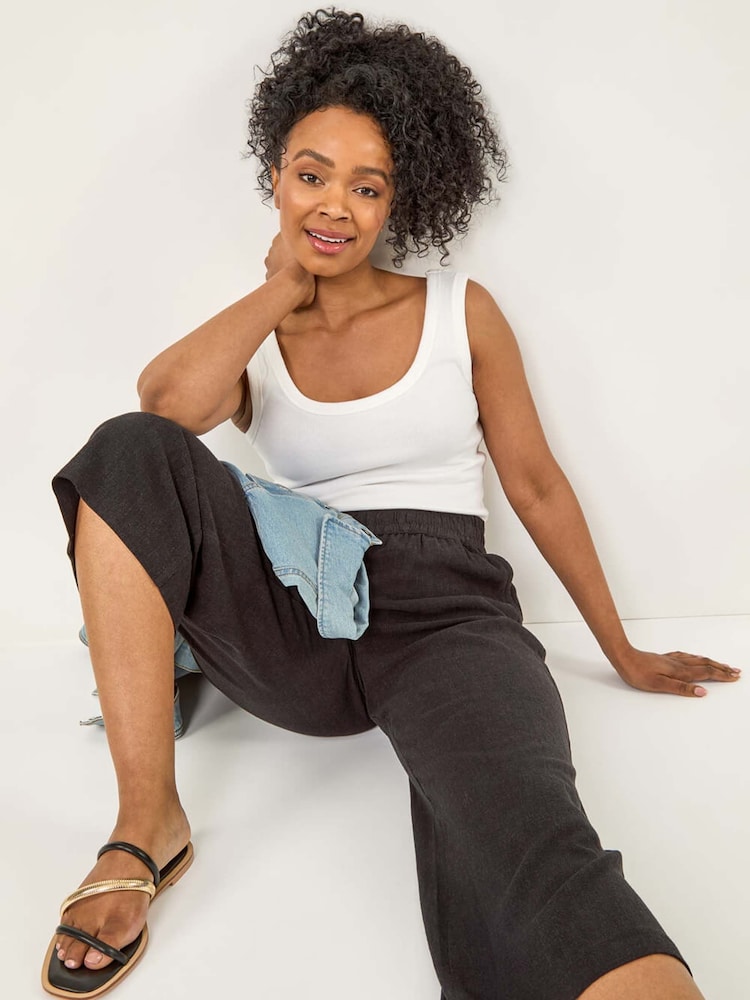 Roman Black Petite Linen Mix Cropped Trousers - Image 1 of 5