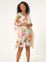 Roman White Petite Abstract Print Tie Cover-Up Blouse - Image 2 of 5