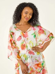 Roman White Petite Abstract Print Tie Cover-Up Blouse - Image 4 of 5