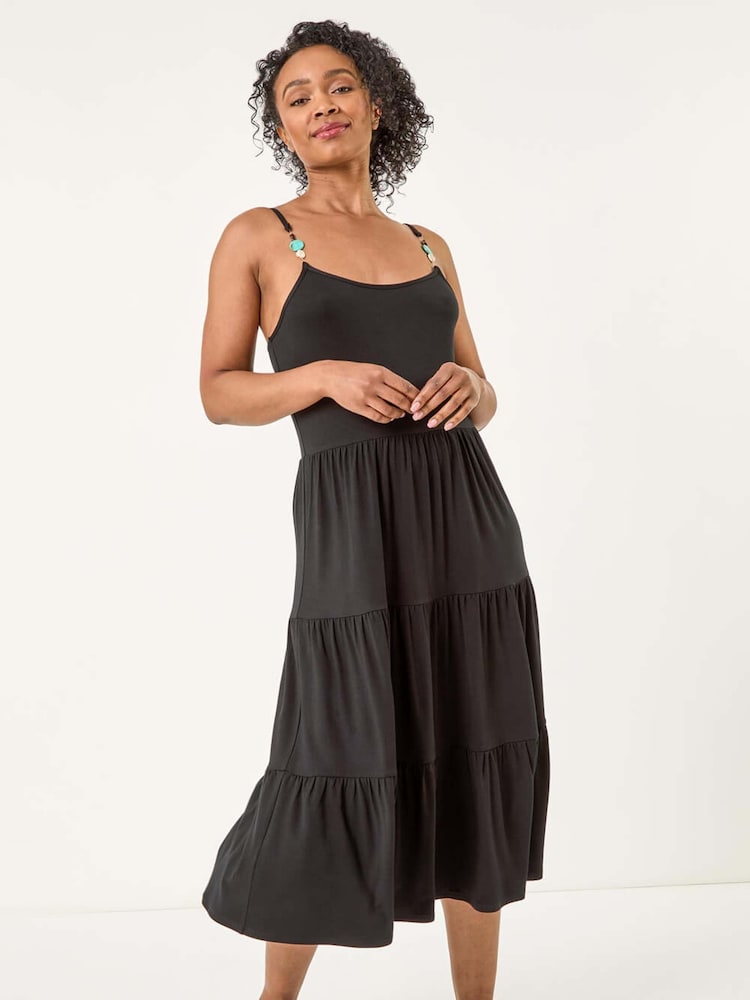 Roman Black Petite Bead Trim Strappy Tiered Dress - Image 2 of 5