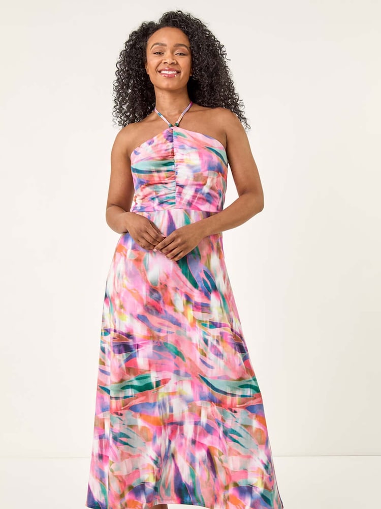 Roman Pink Petite Abstract Gathered Halter Midi Dress - Image 2 of 5