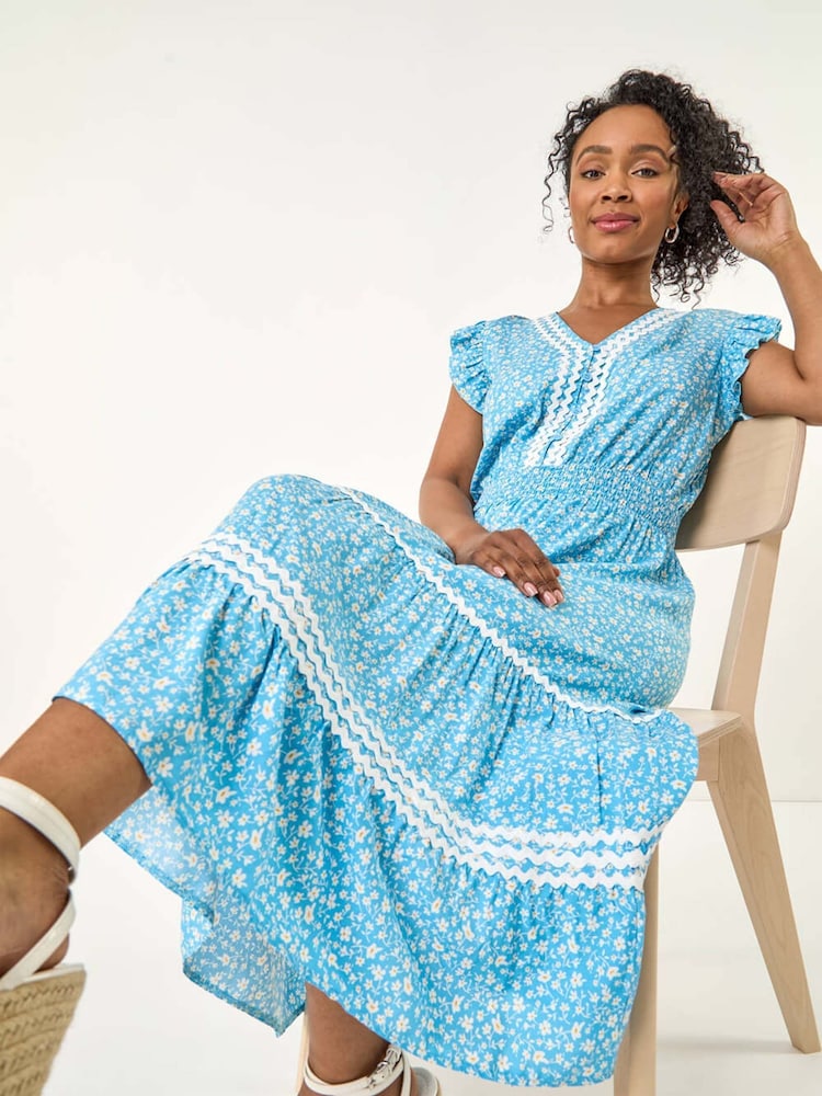 Roman Blue Petite Petite Floral Print Ric Rac Midi Dress - Image 1 of 5
