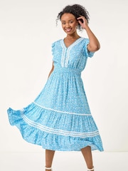 Roman Blue Petite Petite Floral Print Ric Rac Midi Dress - Image 2 of 5