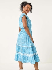 Roman Blue Petite Petite Floral Print Ric Rac Midi Dress - Image 3 of 5