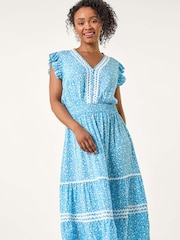 Roman Blue Petite Petite Floral Print Ric Rac Midi Dress - Image 4 of 5