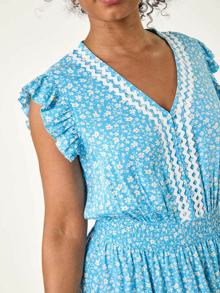 Roman Blue Petite Petite Floral Print Ric Rac Midi Dress - Image 5 of 5