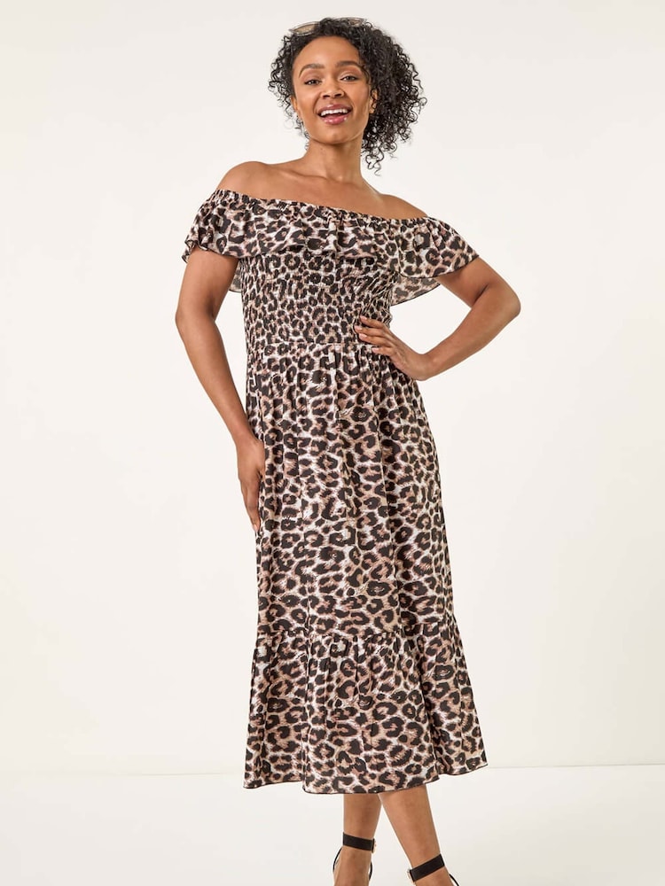 Roman Animal Petite Animal Print Bardot Midi Dress - Image 2 of 5