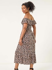 Roman Animal Petite Animal Print Bardot Midi Dress - Image 3 of 5