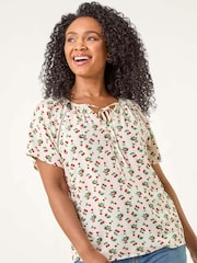 Roman White Petite Cherry Print Lace Trim Blouse - Image 1 of 1