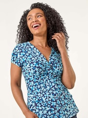 Roman Blue Petite Spot Twist Front Stretch Blouse - Image 1 of 5