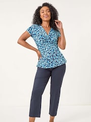 Roman Blue Petite Spot Twist Front Stretch Blouse - Image 2 of 5