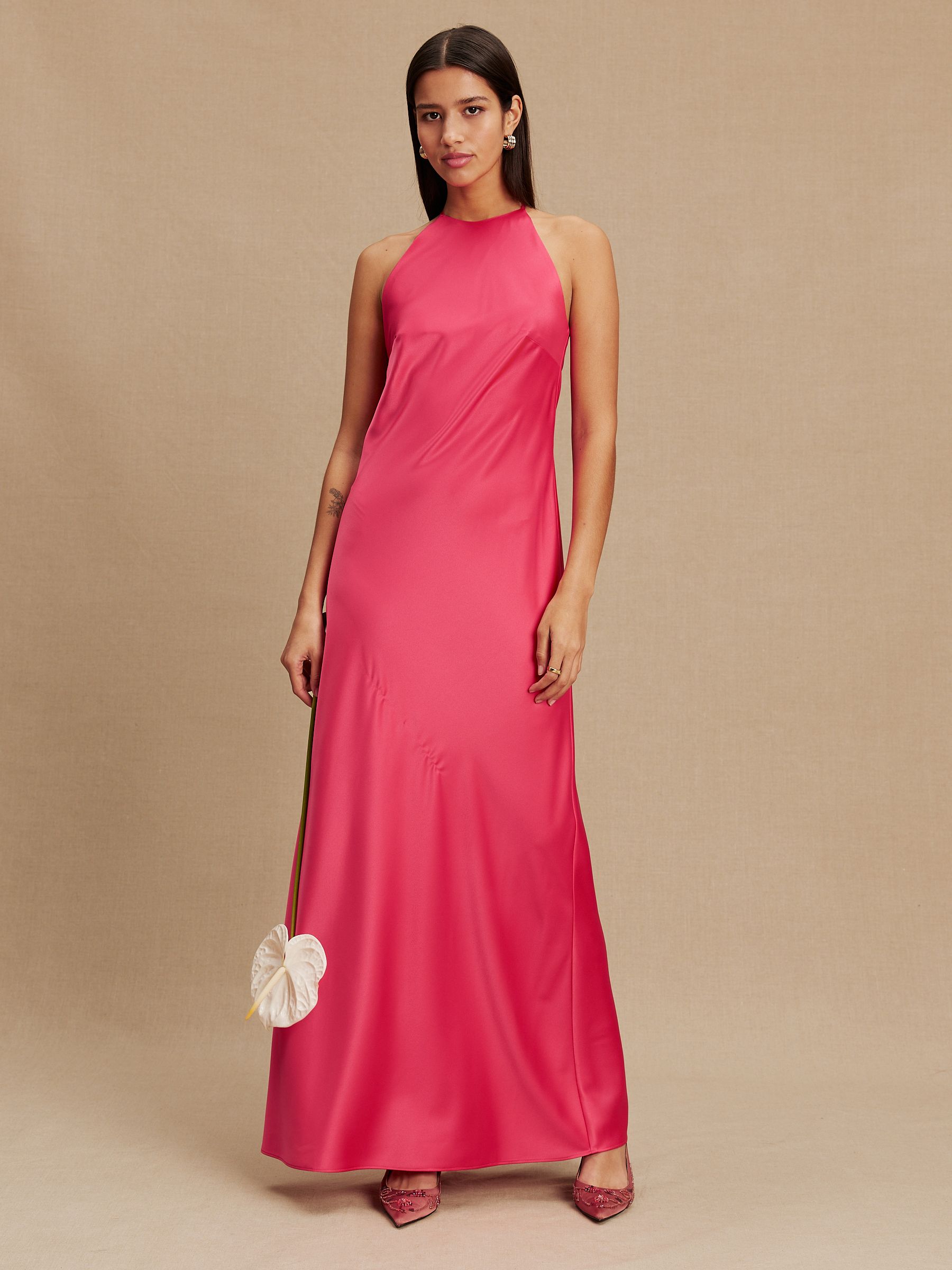 ピンク チュール レイヤード ホルターネック マキシドレス Buy Raspberry Pink - Bridesmaids Satin Halterneck Maxi Dress from