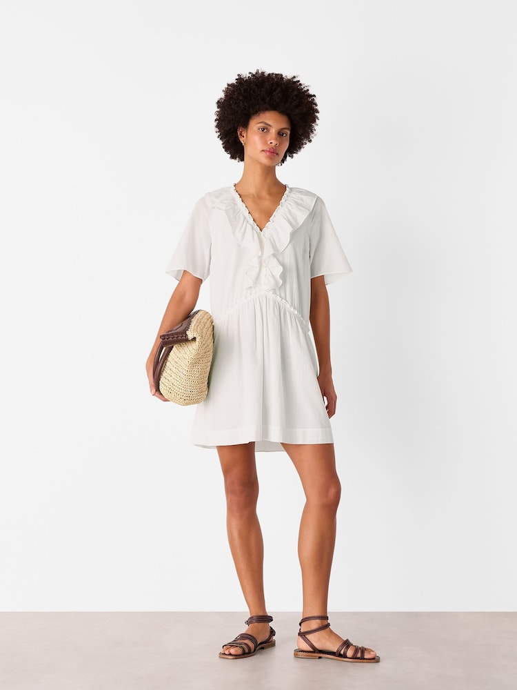 Whistles White Ruffle Trapeze 100% Cotton Mini Dress - Image 1 of 5