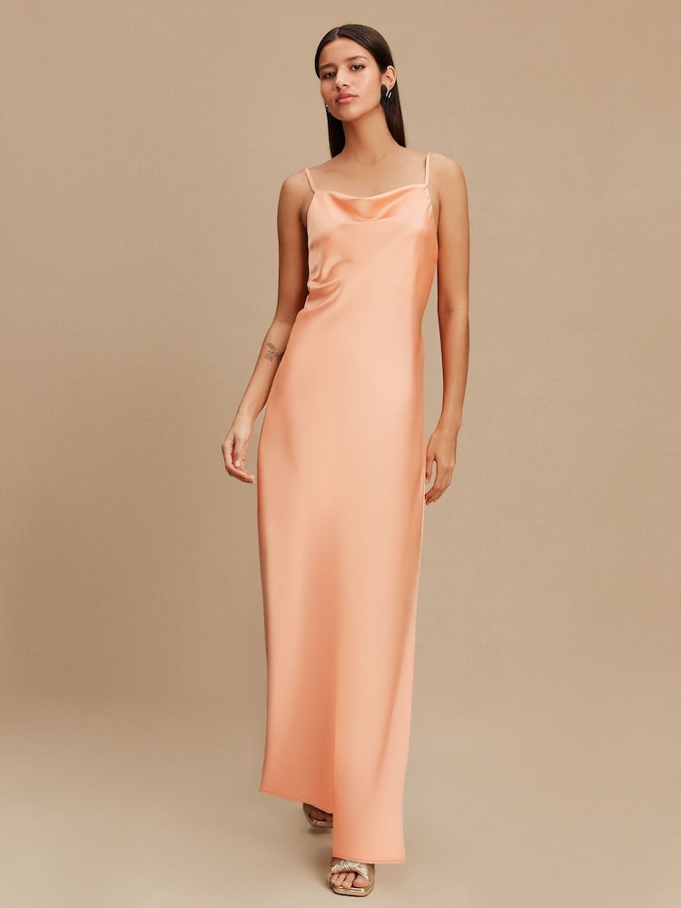 Apricot Satin Cowl Neck Wedding Guest Bridesmaid Maxi Dress - Image 1 of 5 Apricot Satin Cowl Neck Wedding Guest Bridesmaid Maxi Dress - Image 1 of 5