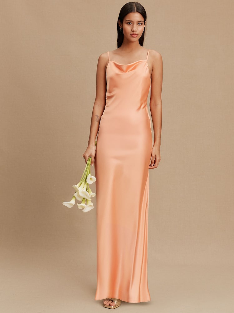 Apricot Satin Cowl Neck Wedding Guest Bridesmaid Maxi Dress - Image 2 of 5 Apricot Satin Cowl Neck Wedding Guest Bridesmaid Maxi Dress - Image 2 of 5