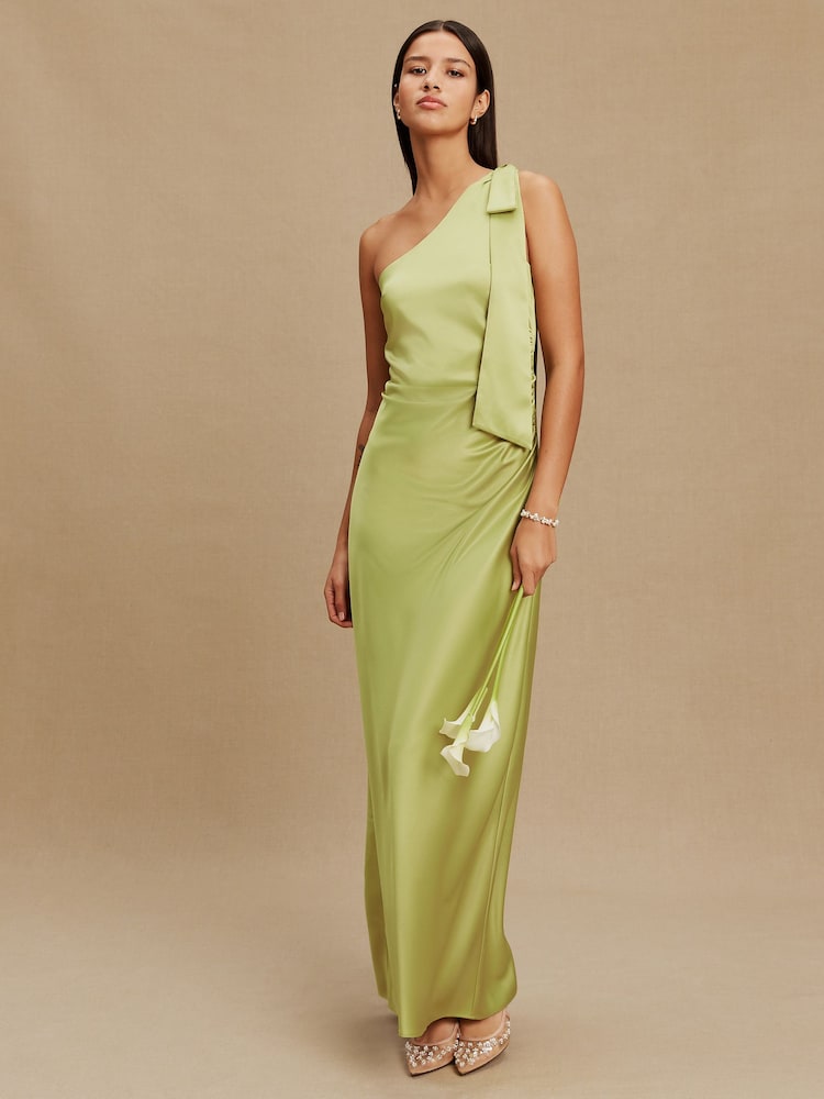 Green Bow One Shoulder Maxi Bridesmaid Dress - Image 1 of 5