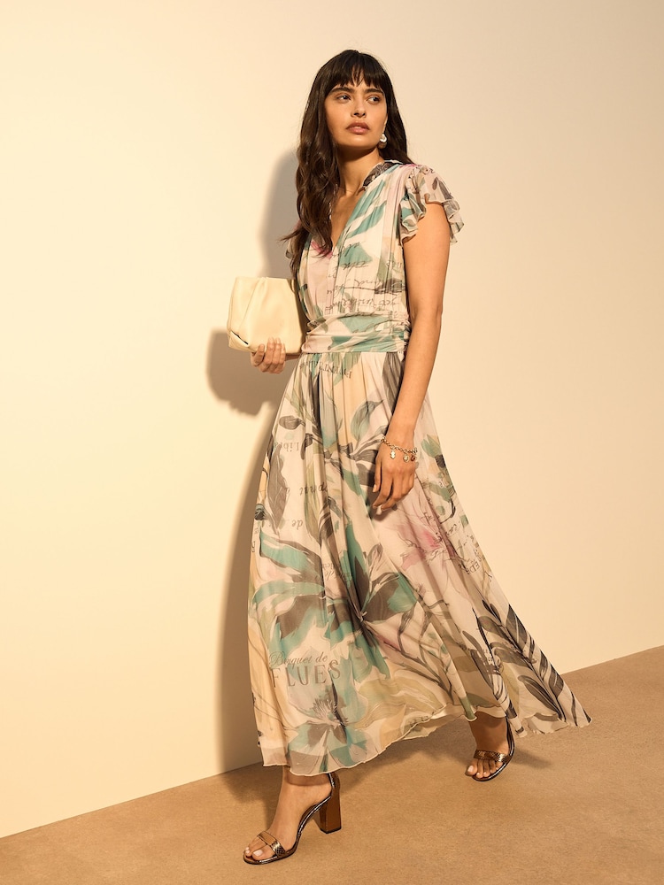 Ecru Floral Pleated Mesh Print V-Neck Occasion Maxi Dress - Image 1 of 4