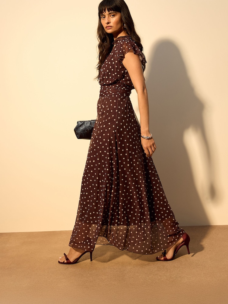 Chocolate Brown Spot Pleated Mesh Print V-Neck Occasion Maxi Dress - Image 1 of 4