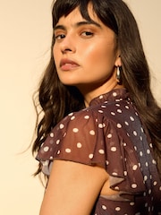 Chocolate Brown Spot Pleated Mesh Print V-Neck Occasion Maxi Dress - Image 4 of 4