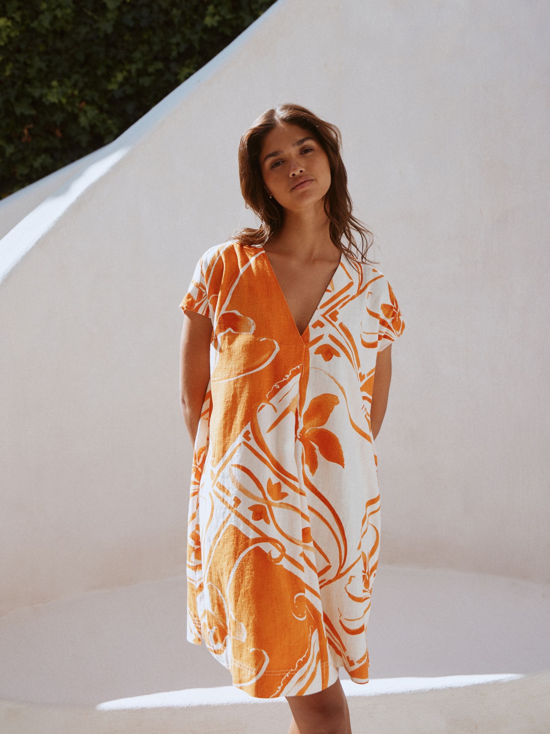 Buy Orange Tile Print Linen Blend Short Sleeve V-Neck Kaftan Mini