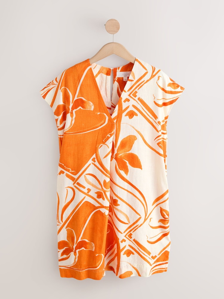 Orange Tile Print Short Sleeve V-Neck Kaftan Mini Dress with Linen - Image 1 of 3 Orange Tile Print Short Sleeve V-Neck Kaftan Mini Dress with Linen - Image 1 of 3