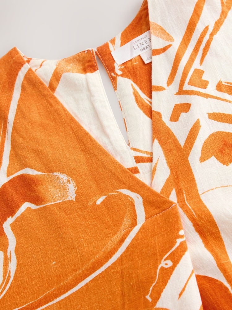Orange Tile Print Short Sleeve V-Neck Kaftan Mini Dress with Linen - Image 2 of 3 Orange Tile Print Short Sleeve V-Neck Kaftan Mini Dress with Linen - Image 2 of 3