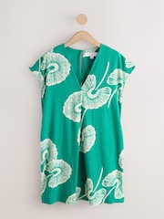 Green Floral Short Sleeve V-Neck Kaftan Mini Dress with Linen - Image 1 of 3
