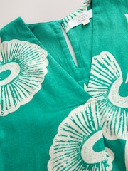 Green Floral Short Sleeve V-Neck Kaftan Mini Dress with Linen - Image 2 of 3